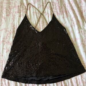 Rue21 Black Sequin Cami with Crossed Gold Chain Straps